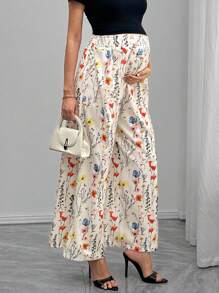 SHEIN Elegant Maternity Floral Print Wide Leg Pants For Commuting - Multicolor - View 4