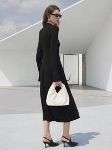 Uhlyne Damen minimalistische Urlaubs- und Bürokleidung mit Kragen, schräger Knopfleiste, langen Glockenärmeln, Twist-Taille und ausgestelltem Saum, schwarzes Strickkleid in Midi-Länge, geeignet für Schulanfang und ins Büro