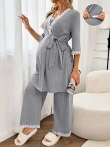 SHEIN 2pcs Maternity Comfortable Casual Lace Trim Jacket & Camisole Top & Pants Set Lingerie Lingerie Set Underwear Women Pajama Pajama Dress Loungewear Nightgown Robe Sleepwear Sleepwear Set Tank Top With Bra - Grey - View 1