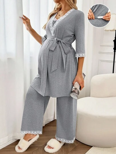 SHEIN 2pcs Maternity Comfortable Casual Lace Trim Jacket & Camisole Top & Pants Set Lingerie Lingerie Set Underwear Women Pajama Pajama Dress Loungewear Nightgown Robe Sleepwear Sleepwear Set Tank Top With Bra
