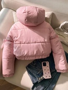 SHEIN Cute Kawaii Thick Hooded Winter Jacket For Tween Girls, Long Sleeve, Fleece, Baby‑Pink Coat With 3D Bow Decor - Pink - View 3
