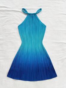 Soleia 女士度假休闲露背修身渐变印花褶皱迷你连衣裙，适合派对、度假、音乐节、节日约会、下午茶、海滩、游轮 - 藍色 - 查看 2