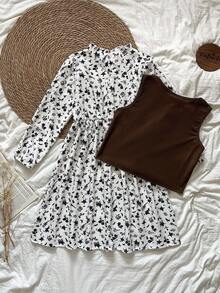 SHEIN Girls' Brown Vest And Floral Ruffle Puff Sleeve Countryside Dress Set, Autumn/Winter Fall - Brown - View 2