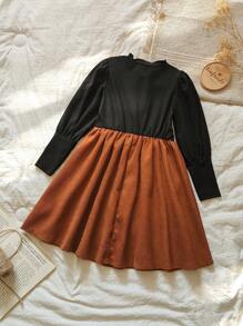 SHEIN Young Girl' Cute Comfortable Colorblock Stand Collar Long Sleeve Dress - Multicolor - View 2