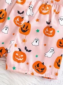 Bộ đồ ngủ 2 món in hình quả bí ngô Halloween dành cho bé gái tuổi teen, tay ngắn, quần short - Màu be - Xem 4