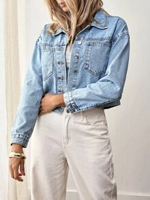 EMERY ROSE Women's Plain Casual Long Sleeve Denim Jacket - Light Wash - View 5