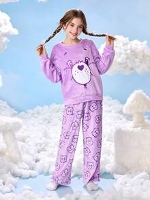 SHEIN X Care Bears 少女卡通紫色小熊刺绣宽松落肩长袖上衣和裤子羊毛睡衣套装，秋冬