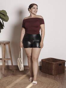 Lupita Cardoza 女士优雅纯色不对称领口褶皱 T 恤 - 酒紅色 - 查看 5