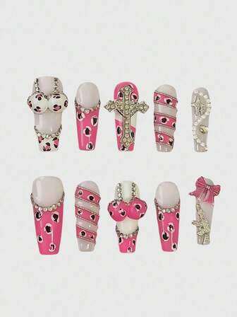 Kawaii Y2K Punk Stil rosa metallischer Stern & Kreuz karierter Patchwork Lange handgemachte Kunstnägel, rosa süß & heißes Mädchen