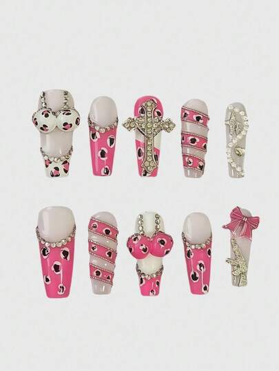Kawaii Y2K Punk Style Pink Metallic Star & Cross Plaid Patchwork Long Handmade False Nails, Pink Sweet & Hot Girl