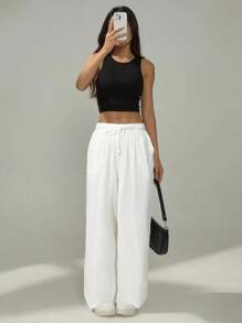 SHEIN PETITE Women Solid Color Waist-Tie Pockets Straight-Leg Pants,Business Casual Woman