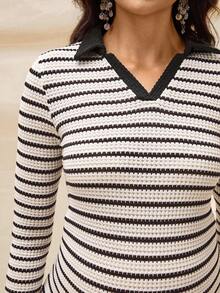 Boho Mama Schwangeren Frauen Lässig Pendler V-Ausschnitt Langarm gestreiftes Bodycon Kleid, Frühling/Herbst - Aprikosenfarben - Übersicht 7
