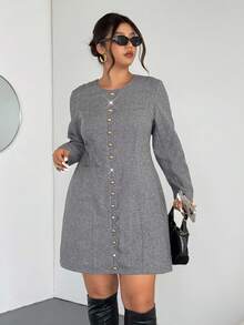 Firerie Plus Size Women's Elegant Formal Grey Blazer Dress,Gold Button Decor Floral Print Cuffed Tweed Suit Skirt With Pockets,Autumn Work Commute Dress - Grey - View 3