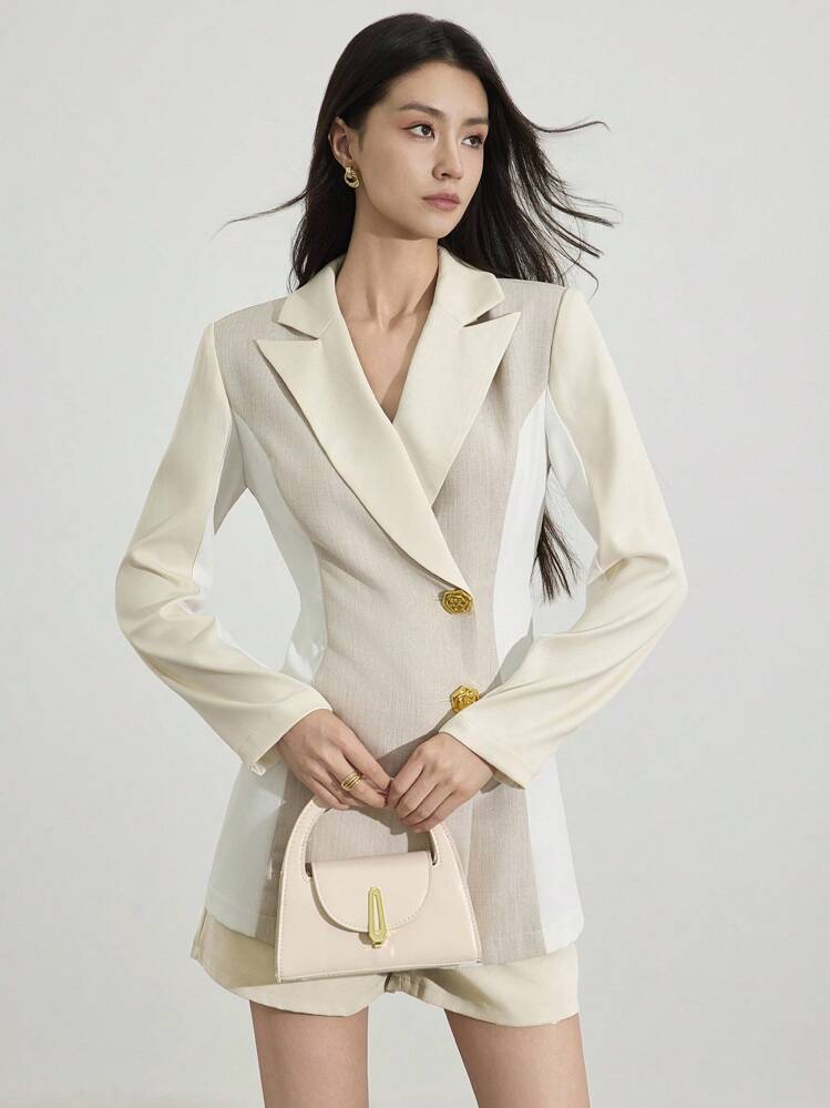 Heiryn Áo blazer nữ thanh lịch, phối màu, kiểu dáng công sở mùa thu, phong cách cổ điển Hàn Quốc. Áo blazer tay dài phối màu này có màu trắng, thanh lịch và sang trọng theo phong cách cổ điển Hàn Quốc. - Nhiều màu - Xem 3