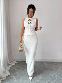 Elenzga 2pcs/Set Women Autumn/Winter Ivory Fancy Yarn Minimalist High-End Sleeveless Vest + Bodycon Maxi Skirt Knitted Sweater