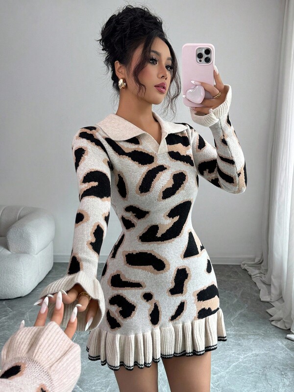 Elenzga Women's Autumn/Winter Fashion Leopard Print Knit Ruffle Hem Bodycon Design Sweater Dress Fall Cloth For Women