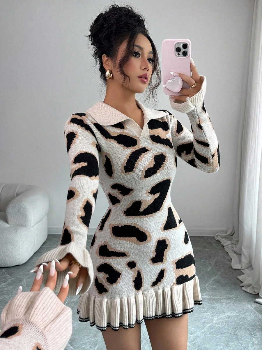SHEIN Elenzya Đầm len thiết kế bó sát họa tiết da báo thời trang thu đông cho nữ - Màu be - Xem 1