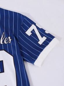 SHEIN Conjunto de camiseta de manga corta con estampado de letras y rayas de baloncesto y shorts de ciclista de estilo casual y urbano para adolescentes