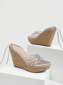 CUCCOO SZL Giày sandal đế xuồng phối dây buộc bằng dây đay màu bạc thời trang dành cho nữ, thích hợp để đi làm, hẹn hò, tiệc tùng, ngày lễ, nghỉ dưỡng - Bạc - Xem 5