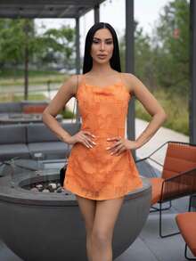 Carolina Barros 春夏女士纯粉色修身低背系带纹理 A 字超短迷你连衣裙 - 橘色 - 查看 6