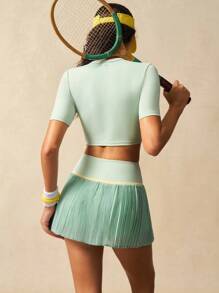 VARSIVA Women's Multicolor Knitted Colorblock Crop Sports Set With Round Neck And Short Sleeves Tennis Skirt Set Women Tennis Outfit 2 Pieces Workout Set Women Pleated Tennis Skirt Athletic Skirt Set