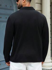 Manfinity Homme 男士大尺碼休閒四分之一拉鍊黑色 Polo 衫，秋季長袖上衣，正式款 - 黑色 - 查看 2