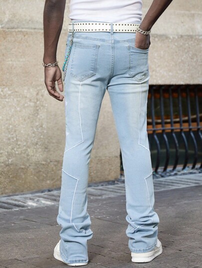 Street Life Men's Casual Washed Star Embroidery Slim Flared Jeans