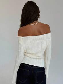 Aloruh Off-White Women's V-Neck Off-Shoulder Twist Knit Elegant Minimalist Sweater In Autumn/ Teachers' Day Date - Beige - View 3