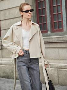 Franclia Abrigo largo de gabardina gris claro para mujer con solapa y cinturón, elegante y de moda para uso diario en otoño, casual para ir al trabajo, oficina y atuendo profesional de negocios - Albaricoque - Ver 9