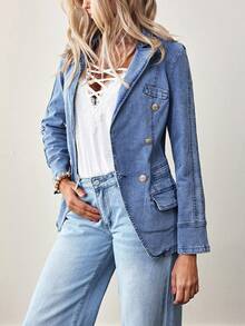 EMERY ROSE Women's Double-Breasted Decorated Blazer Collar Denim Jacket - Blue - View 1