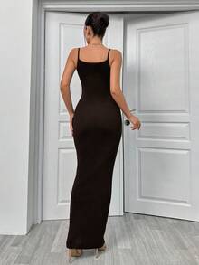 Cami Rib Knit Fitted Dress, Long Bodycon Dress - Black - View 2