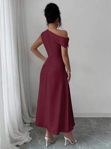 Modelyn Đầm nữ thanh lịch màu vàng lệch vai, thắt eo - Đỏ - Xem 2