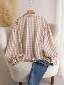 SHEIN CURVE+ 大码休闲办公室格子灯笼袖衬衫，女士秋季服装 - 卡其色 - 查看 2