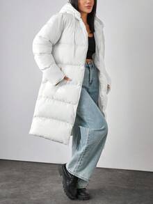 EURMUSE Damska długa biała kurtka puchowa z kapturem, swobodna odzież wierzchnia zapinana na zamek błyskawiczny - Biały - Zobacz 4