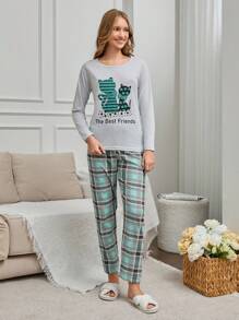 EURMUSE 100% Cotton 2Pcs  Cat Pinted PJ Set - Grey - View 6