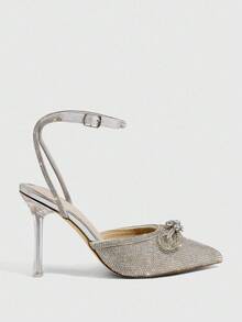 CUCCOO SZL Pointed Toe Rhinestone Bowknot Ankle Strap High Heel Sandals Valentine's Day - Silver - View 3