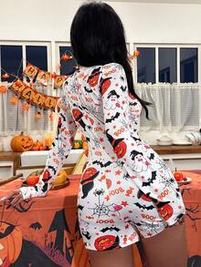 Halloween Pumpkin & Bat Print Long Sleeve Slim Fit Pajamas Cute Jumpsuit, Fall - Multicolor - View 3