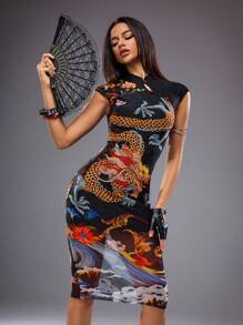 Shutterstock Y2Kool Y2K、千禧年、旗袍、龙纹、新中国风、东方元素、花卉、性感、休闲、网纱、女士长裙、适合夏季、秋季、度假、聚会、派对、日常穿着的龙纹连衣裙、旗袍连衣裙、龙纹连衣裙、旗袍连衣裙、外出印花连衣裙、时尚服装系列、新年服装、辣妹黑色春季服装、女士生日服装、女士嘉年华服装 - 彩色 - 查看 3