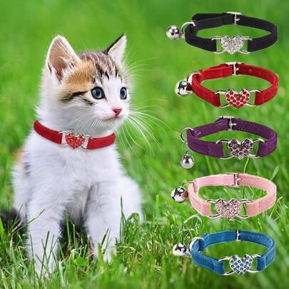 1pc Pet Collar With Rhinestone Heart & Bell Decoration, Cat Collar