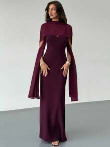 Aloruh 茄子紫色细肩带飘逸高开衩紧身连衣裙，适合派对和正式场合 - 中紫紅色 - 查看 5
