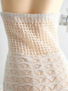 SHEIN Teen Girls Summer V-Neck Hollow-Out Wooden Beads Fitted Dress, Vacation Spaghetti Strap Backless Ombre Knitted Dress, Suitable For Vacation, Date, Afternoon Tea, Holiday, Music Festival, Bohemian - White - View 7