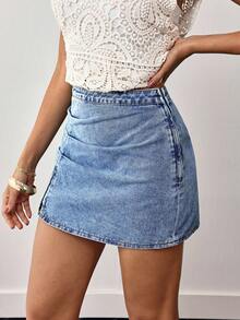 EMERY ROSE Chân váy denim ngắn thường ngày có xẻ tà xếp ly bên hông dành cho nữ - Màu xanh lam - Xem 6