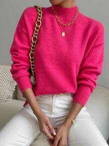 SHEIN LUNE 高领落肩毛衣，长袖上衣 - 玫紅色 - 查看 3