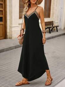 Brillora 度假幾何刺繡吊帶背心連身褲 - 黑色 - 查看 3