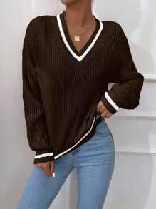 RueChic Pasiaste wykończenie Opuszczane ramiona Sweter do krykieta