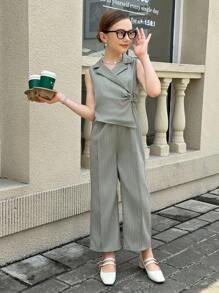 青少年女孩时尚条纹印花翻领裹身D形环侧宽松阔腿二合一连体裤 - 灰色 - 查看 5