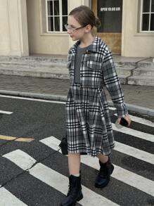SHEIN 2 件套女童通勤英伦风短款格子夹克 + 长袖连衣裙套装，适合通勤和日常穿着 - 灰色 - 查看 5
