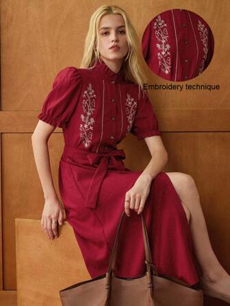 Écloséra Daily Leisure Commuting Retro Ruffled Collar Puff Sleeve Waist Strap Decoration A-Line Embroidery Complex Color Red Women's Autumn And Winter Mid-Length Shirt Dress Elegant Female Dress Autumn Women's Clothing Teacher Dress Going Out Dress Teacher Clothes Summer Dress