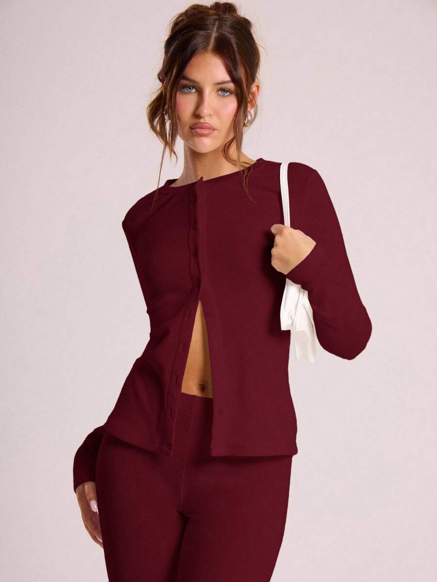 MUSERA Ribbed Button Through Long Sleeve Crew Neck Top Casual Vacation Airport Holiday Fall Winter  Elegant  Holidays, Party