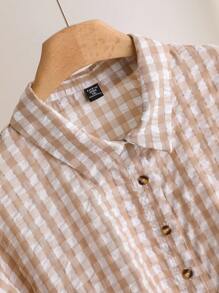 SHEIN CURVE+ 大码休闲办公室格子灯笼袖衬衫，女士秋季服装 - 卡其色 - 查看 3